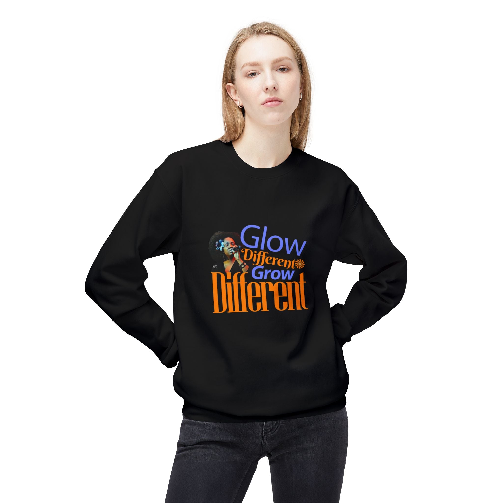 Glow Different Sweatshirt – 'Glow Different, Grow Different' Motivational Crewneck – Unisex Fleece Pullover